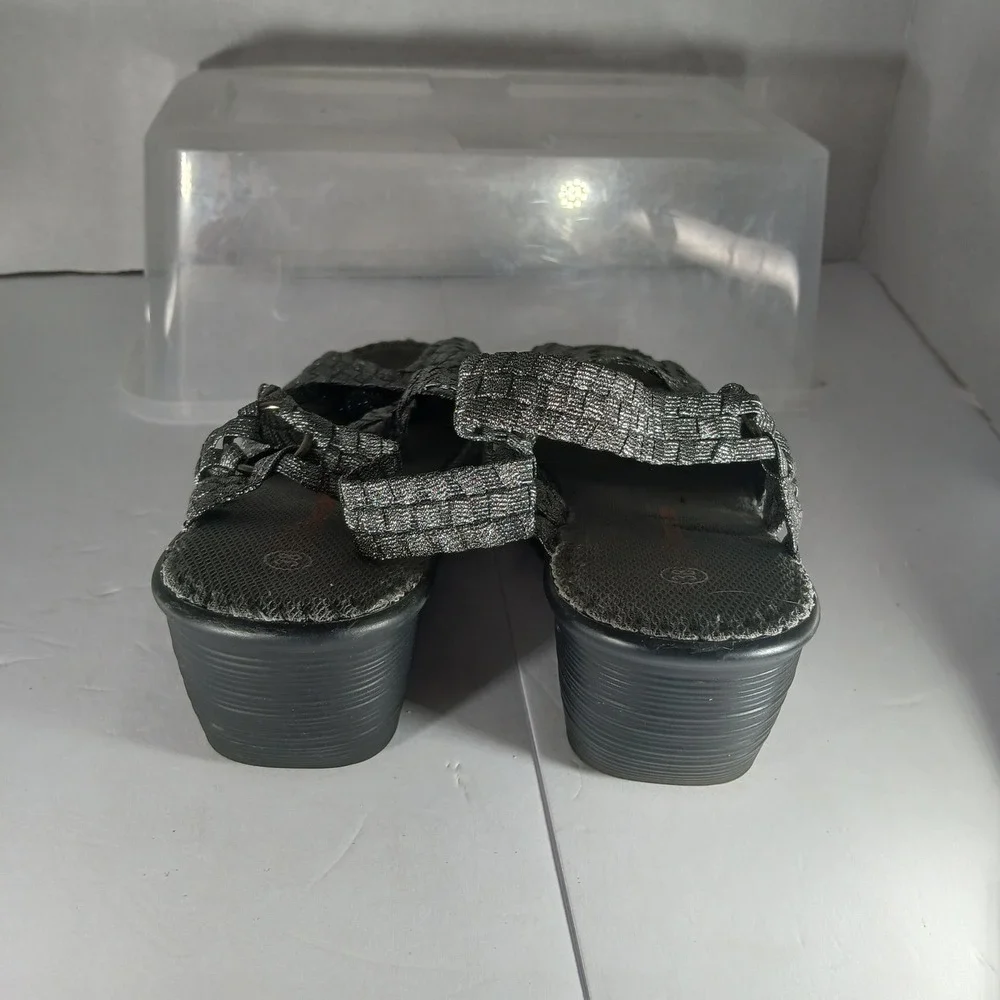 Bernie Mev Wedge Sandals 38 Silver Black Metallic Woven Elastic Platform Comfort